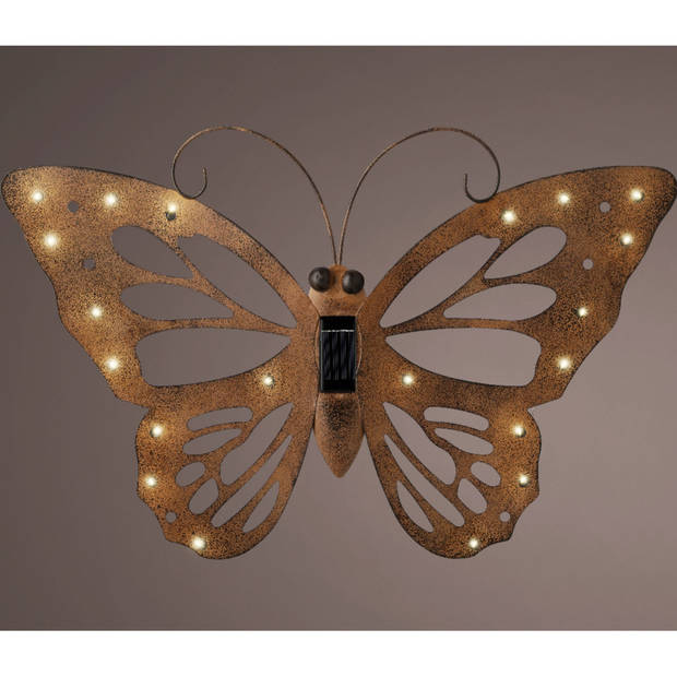 Lumineo tuindecoratie vlinder met solar verlichting - 53 x 35 cm - roestbruin - tuinverlichting - Tuinbeelden