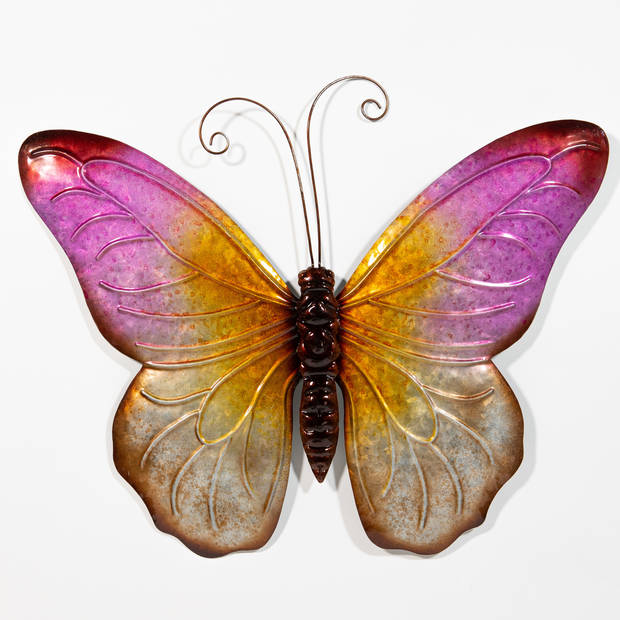 Anna Collection Wanddecoratie vlinders - 2x - blauw/roze - 32 x 24 cm/44 x 32 - metaal - muurdeco - Tuinbeelden