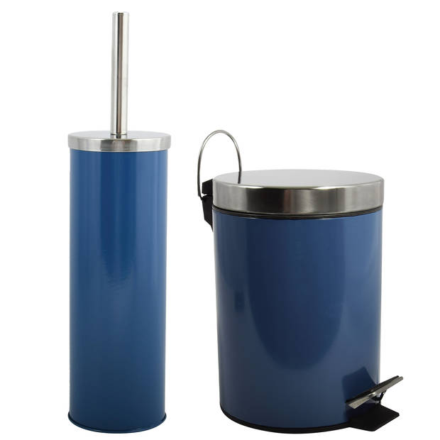 MSV Toiletborstel in houder 38 cm/pedaalemmer 3L set Moods - Metaal - blauw - Badkameraccessoireset