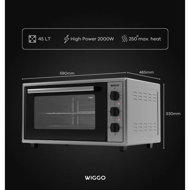 Wiggo WMO-E456(X) - Vrijstaande Mini Oven - 45 liter - 2000 Watt - Timer - Rvs