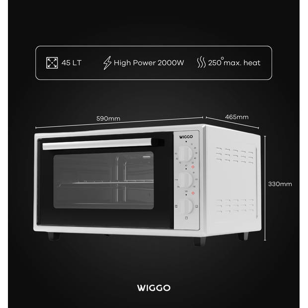 Wiggo WMO-E456(W) - Vrijstaande Mini Oven - 45 liter - 2000 Watt - Timer - Wit