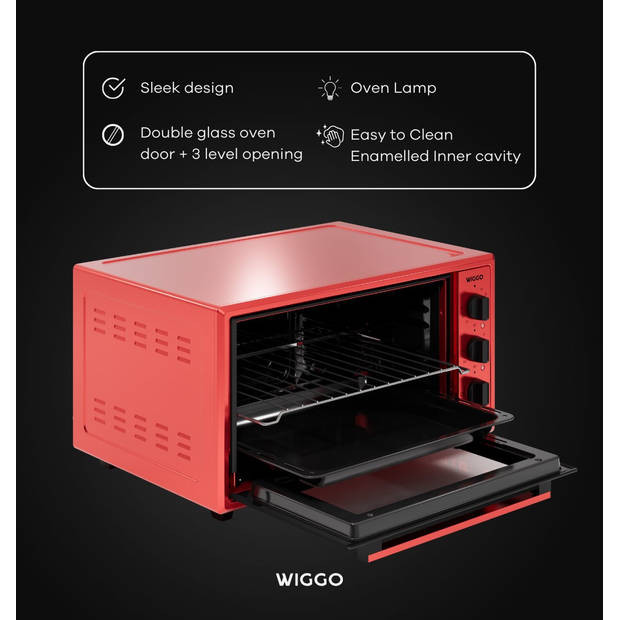 Wiggo WMO-E456(R) - Vrijstaande Mini Oven - 45 liter - 2000 Watt - Timer - Rood