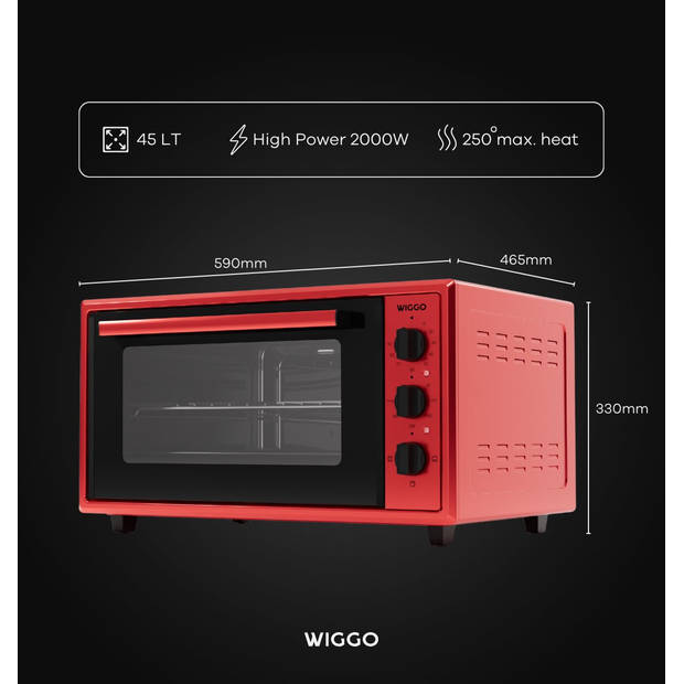 Wiggo WMO-E456(R) - Vrijstaande Mini Oven - 45 liter - 2000 Watt - Timer - Rood