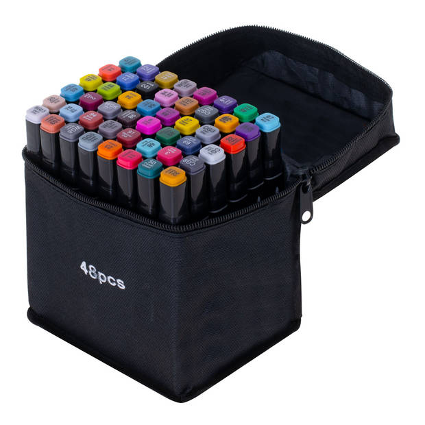 Ikonka 48 stuks Dubbelzijdige Alcoholmarkers - Markerset 48 - Alcohol Markers in Etui - Professionele Markerset