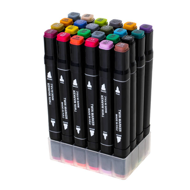 Ikonka 24 stuks Dubbelzijdige Alcoholmarkers - Markerset 24 - Alcohol Markers in Etui - Professionele Markerset