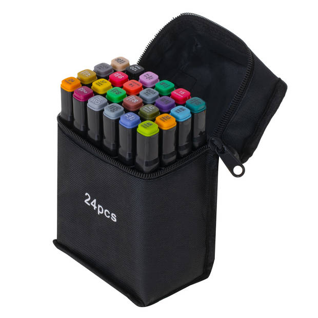 Ikonka 24 stuks Dubbelzijdige Alcoholmarkers - Markerset 24 - Alcohol Markers in Etui - Professionele Markerset