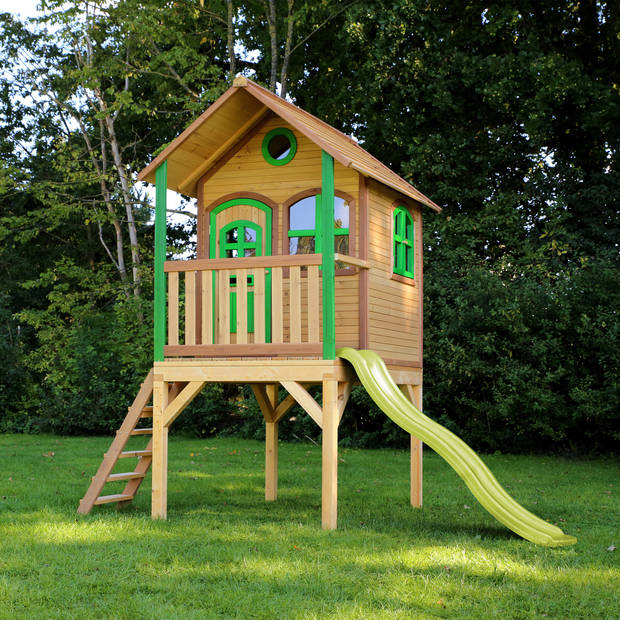 AXI Laura Speelhuis op palen & limoen groene glijbaan Speelhuisje voor de tuin / buiten in bruin & groen van FSC hout