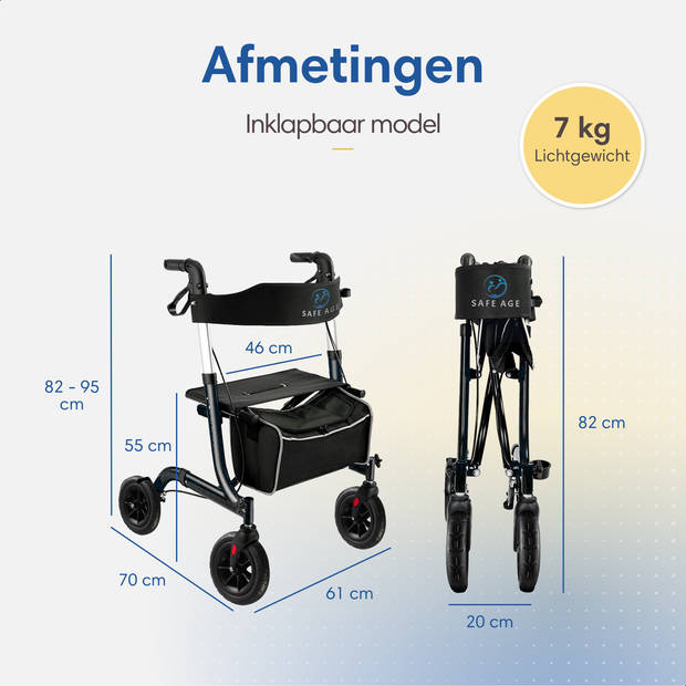 Safe Age® Rollator lichtgewicht en opvouwbaar - zitfunctie - voor binnen en buiten - Rugleuning en wandelstok houder