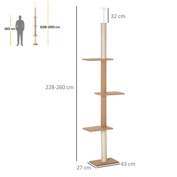 Krabpaal voor katten - Kattenkrabpaal in hoogte verstelbaar - Kattenspeeltjes - 228-260 cm