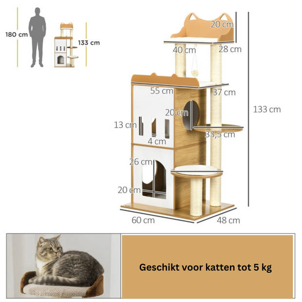 Krabpaal voor katten - Kattenkrabpaal- Kattenspeeltjes - Kattenhuis - Kattenhok - 60 x 48 x 133 cm