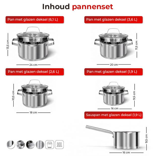 Smile - 10-delige Pannenset - Inductie Pannenset - RVS - Kookpannen - Geschikt voor alle warmtebronnen - MGK-11 - Pannen