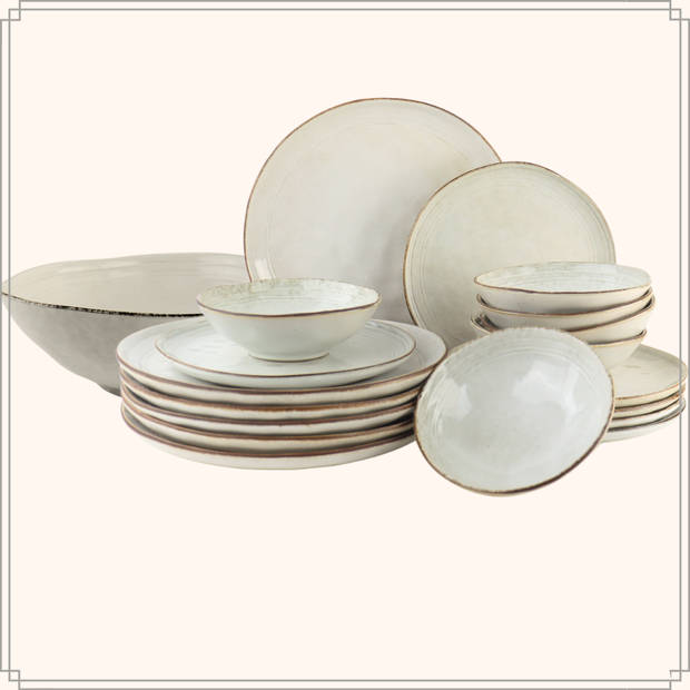 OTIX Serviesset met Saladeschaal - Bordenset - 6 Persoons - 19-delig - Beige - Keramiek - LILY