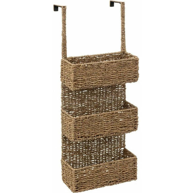 5Five Opbergmand deurrek - 3 manden - riet - bruin - 28 x 12 x 69 cm - badkamerkast - Badkamerkastjes