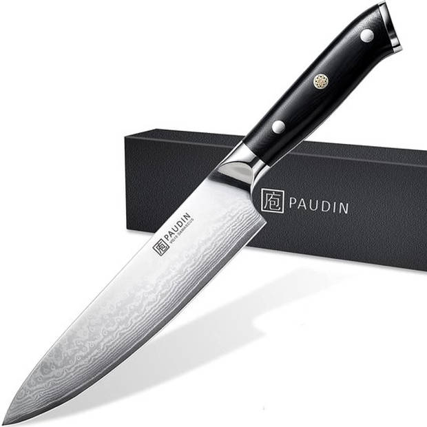 Paudin C1 Professioneel Koksmes 20 cm - Keukenmes - Japans mes - Echt Damascus Staal - Zwart Ergonomisch Handvat