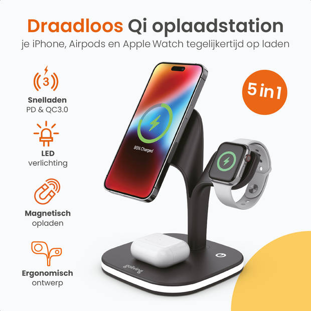 Goliving Draadloos 5-in-1 Oplaadstation - Qi draadloze oplader - Inclusief USB output - 15W Snellader - Zwart