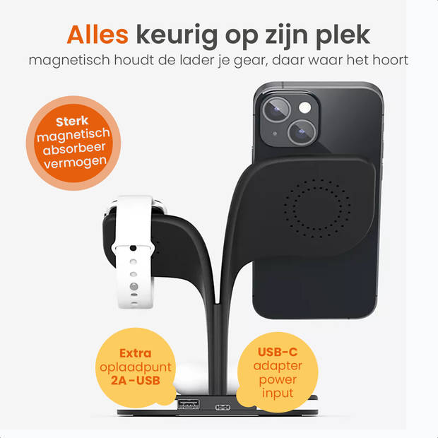 Goliving Draadloos 5-in-1 Oplaadstation - Qi draadloze oplader - Inclusief USB output - 15W Snellader - Zwart