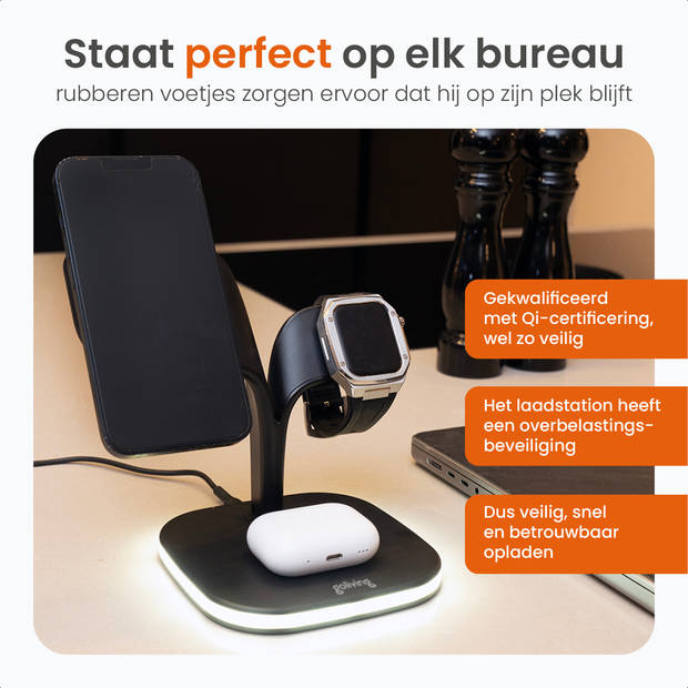 Goliving Draadloos 5-in-1 Oplaadstation - Qi draadloze oplader - Inclusief USB output - 15W Snellader - Zwart