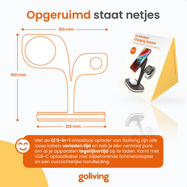 Goliving Draadloos 5-in-1 Oplaadstation - Qi draadloze oplader - Inclusief USB output - 15W Snellader - Zwart