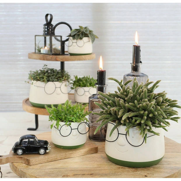 Ideas4seasons Bloempot/plantenpot bril - wit/groen - voor kamerplant - D14 x H11 cm - Plantenpotten
