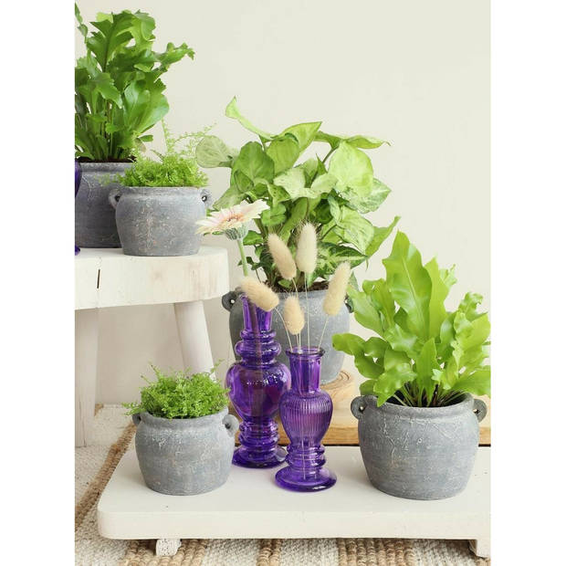 Ideas4Seasons Bloempot kruik model Amphora - 2x - grijs - D14 x H9 cm - rustiek - Plantenpotten