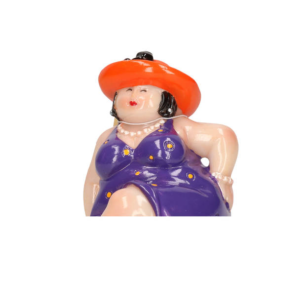 Inware Home decoratie beeldje dikke dame - jurk paars - 15 cm - Beeldjes