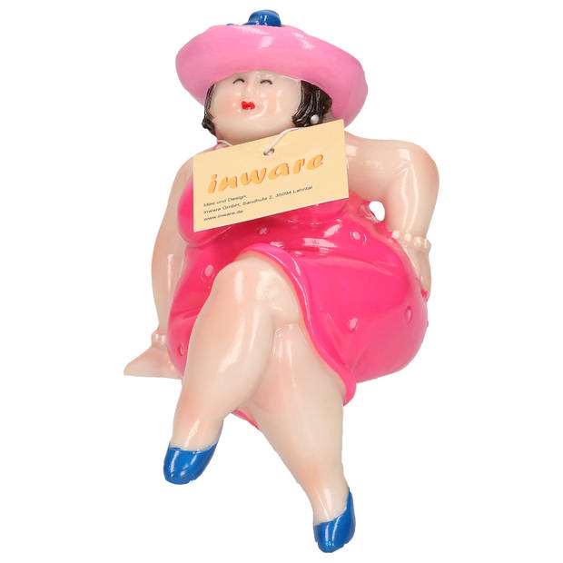 Inware Home decoratie beeldje dikke dame - jurk roze - 15 cm - Beeldjes