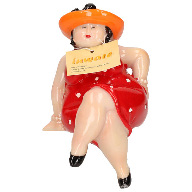 Inware Home decoratie beeldje dikke dame - jurk rood - 15 cm - Beeldjes