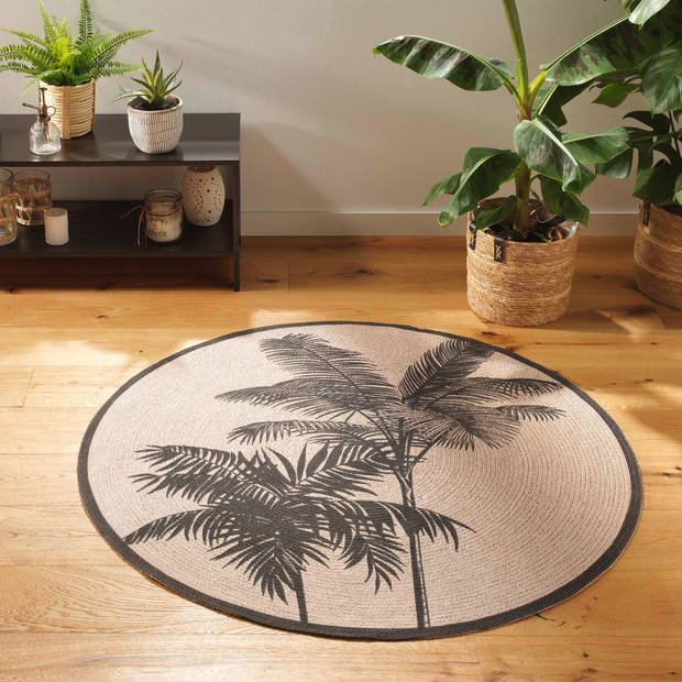 Katoenen Tapijt rond Palm Tree – Zwart – Bruin – Ø120 cm