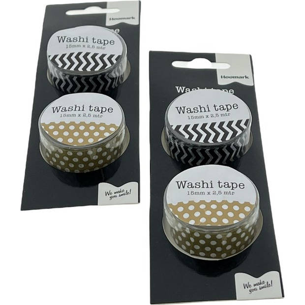 Washi Tape - Set met 4 rollen Masking Tape - 15mm x 2,5 mtr