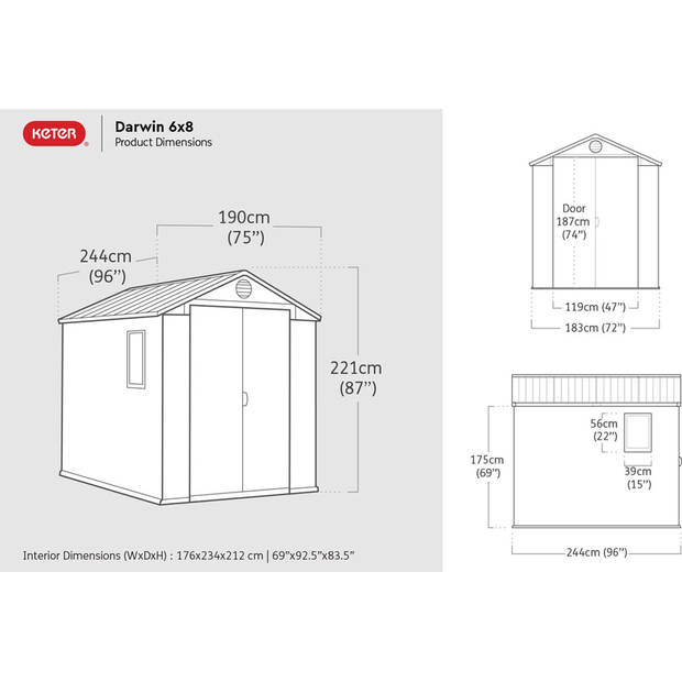 Keter Darwin 68 Tuinhuis - dubbele deuren + ramen - 190x244x221 - Groen