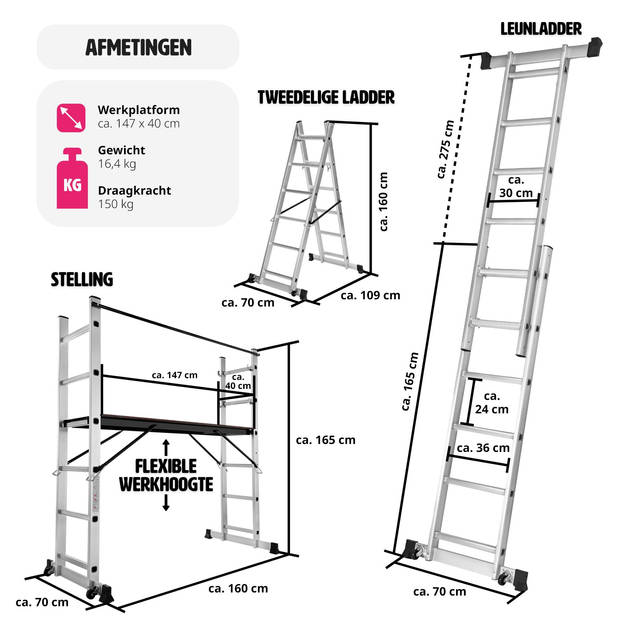 tectake® - 401668 Multifunctionele ladder - Steiger stelling - Werkhoogte 1m