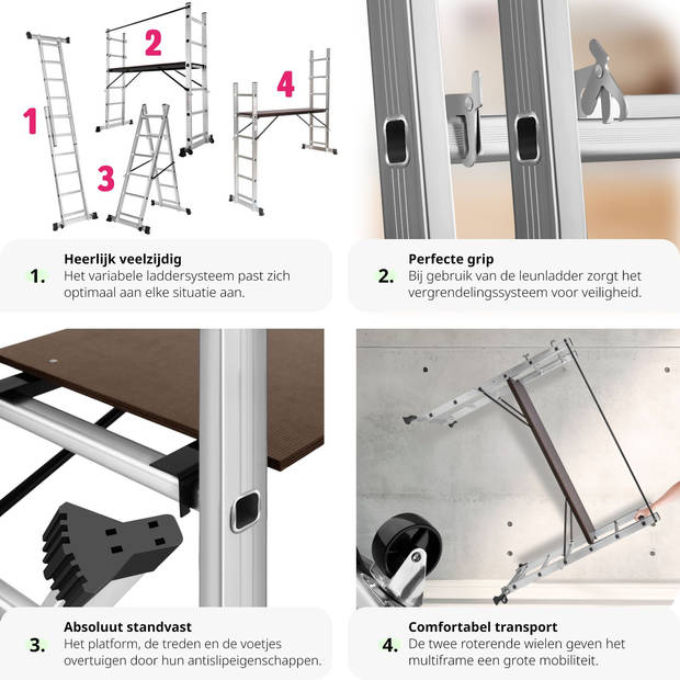 tectake® - 401668 Multifunctionele ladder - Steiger stelling - Werkhoogte 1m