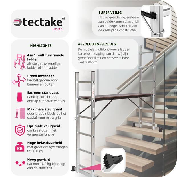 tectake® - 401668 Multifunctionele ladder - Steiger stelling - Werkhoogte 1m