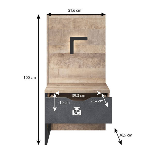 Meubella Nachtkastje Acasia - Grijs - Eiken - 52 cm - set van 2