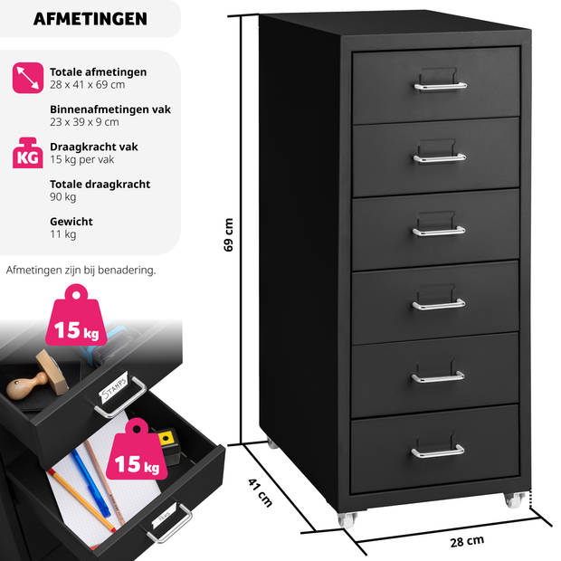 tectake® - ladeblok ladekast met 6 lades - wielen - metaal - 402943 - zwart