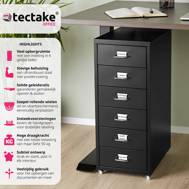 tectake® - ladeblok ladekast met 6 lades - wielen - metaal - 402943 - zwart