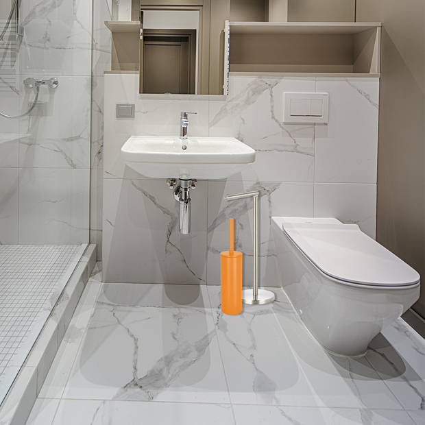 Spirella Badkamer accessoires set - WC-borstel/toiletrollen houder - oranje/zilver - Badkameraccessoireset