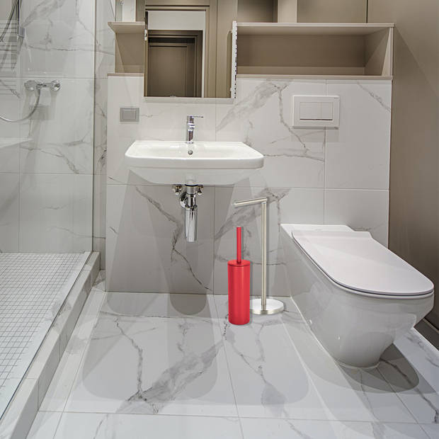 Spirella Badkamer accessoires set - WC-borstel/toiletrollen houder - rood/zilver - Badkameraccessoireset