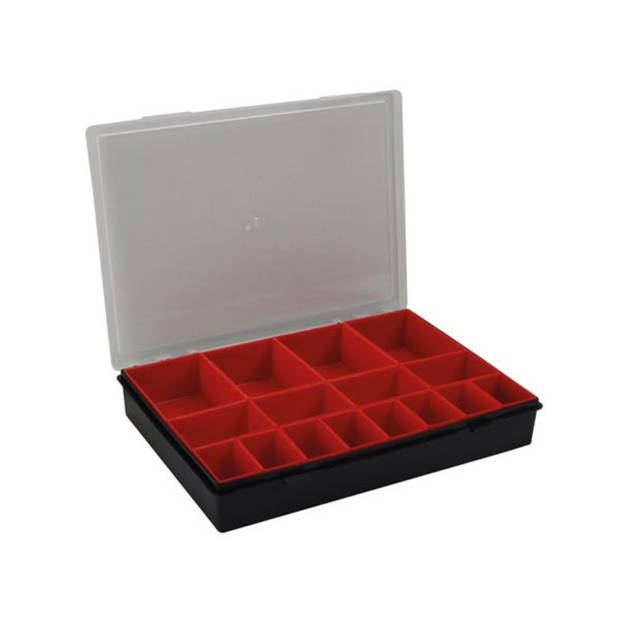 Tayg assortimentsdoos, 16 uitneembare bakjes, transparant deksel, stapelbaar, 330 x 247 x 54 mm, zwart/rood