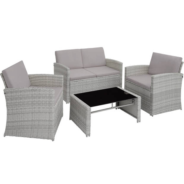 tectake® - Wicker zitgroep loungeset tuinset Lucca - 1 bank 2 stoelen 1 tafel met glasplaat - lichtgrijs grijs - 405016