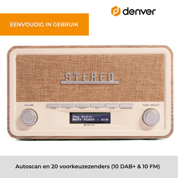 Denver DAB Radio - Retro Radio - Bluetooth - DAB+/ FM - Dimbaar - Batterijen - Netstroom - DAB18LW