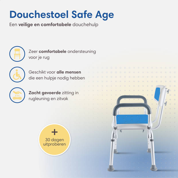 Safe Age Douchestoel met afneembare rugleuning en armleuning – anti slip – douchekruk – verstelbare hoogte douchekrukje