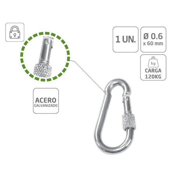 AMIG Karabijnhaak met schroefsluiting - 1x - 6 x 60mm - gegalvaniseerd staal - 120kg - musketonhaak - Karabijnhaken