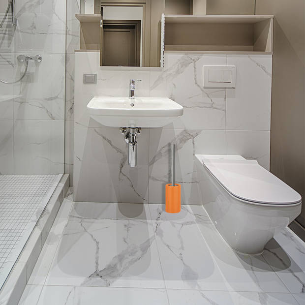 Spirella Luxe Toiletborstel in houder Sienna - oranje glans - porselein - 42 x 10 cm - met binnenbak - Toiletborstels