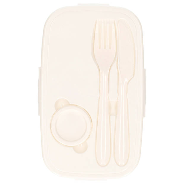 Voedsel plastic bewaarbakje 1 liter transparant/wit met bestek en dressingbakje - Lunchboxen