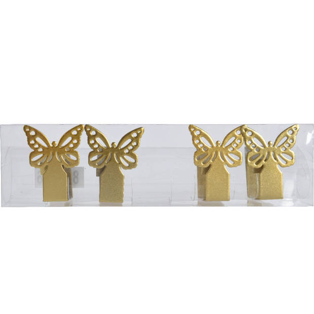 Decoris tafelkleedklemmen - 4x - vlinder - goud - ijzer - 4 x 5 cm - tafelkleedklemmen