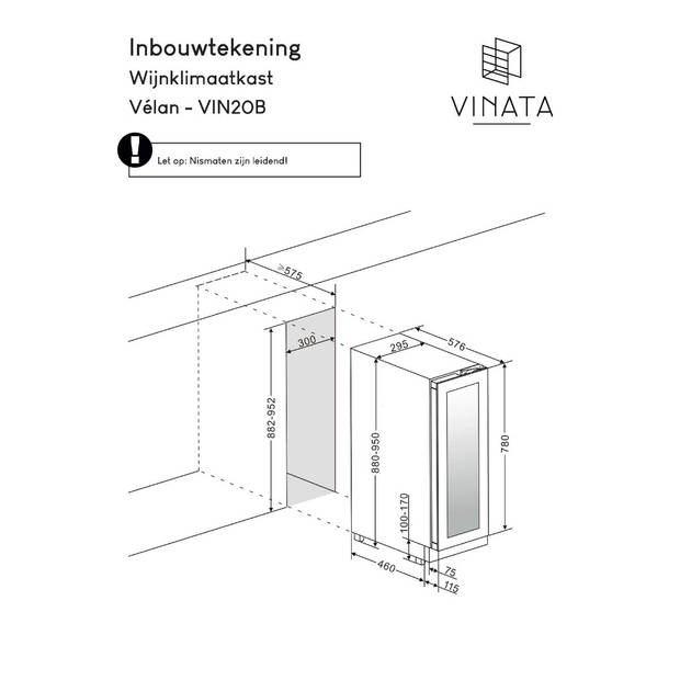 Vinata Vélan Wijnklimaatkast Vrijstaand en onderbouw - Zwart - Wijnkoelkast 16 flessen - 88 x 29.5 x 57.5 cm - Wijnkast