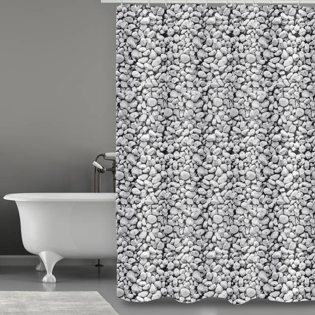 MSV Douchegordijn met ringen - grijs - kiezels print - Polyester - 180 x 200 cm - wasbaar - Douchegordijnen