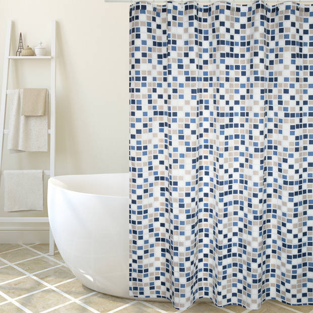 MSV Douchegordijn met ringen - wit/blauw - mozaiek print - Polyester - 180 x 200 cm - wasbaar - Douchegordijnen