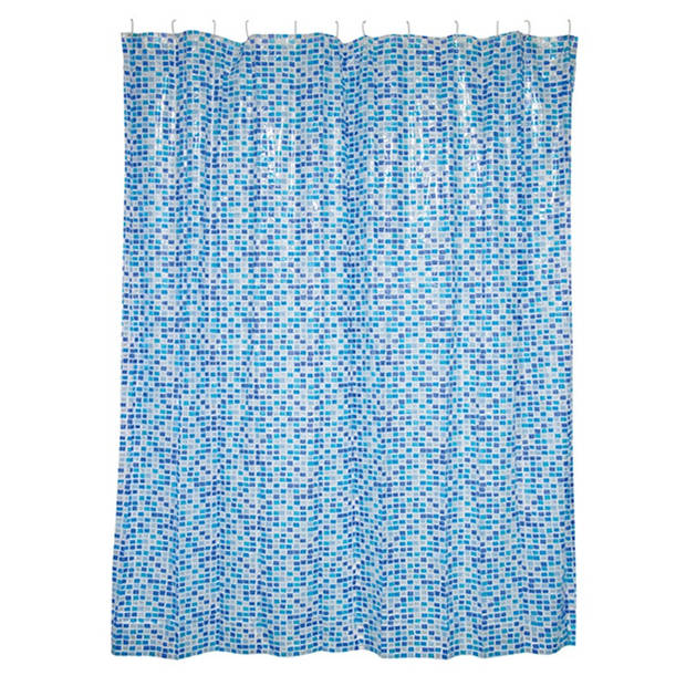 MSV Douchegordijn met ringen - blauw tegels patroon - PVC - 180 x 200 cm - wasbaar - Douchegordijnen